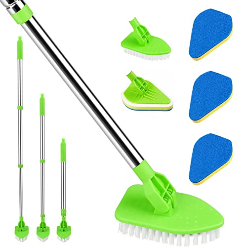 AKOFIC Bathroom 3 in 1 Shower Cleaning Brush, Scrubbing Brush with Telescopic Long Handled, Detachable Tile Cleaner Brush with 3 Sponge Brushes and 1 Hard Brush for Shower Floor Bathtub Wall Glass