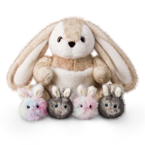 Image of Niuniu Daddy Mommy and Baby Bunny Stuffed Animal with Pouch, 3.3 lbs, 5 Pcs Weighted Rabbit Plush Toy Set, Hide and Seek Interactive Plushies, Gifts for Kids