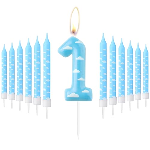 Bougies d'anniversaire bleues et blanches, nuages blanc ciel, bougies numéro 1, adaptées pour les...
