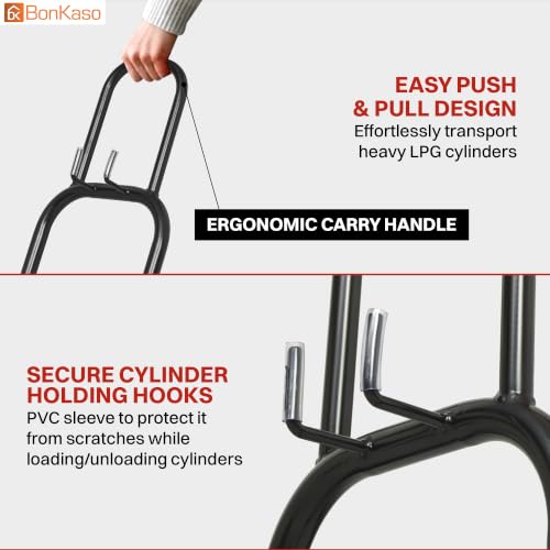 Image of Bonkaso Gas Cylinder Trolley with Handle, Heavy-Duty Alloy Steel LPG Cylinder Hand Truck, 70 kg Load Capacity, 2 Fixed 100 mm PP Wheels, Powder-Coated Black for Home Kitchen Commercial Use