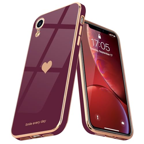 Teageo Funda para iPhone Xr con bonito patrón de corazón para mujeres y niñas, delgada, de lujo, chapado en TPU, suave, antiarañazos, a prueba de golpes, funda para iPhone Xr, color rojo vino