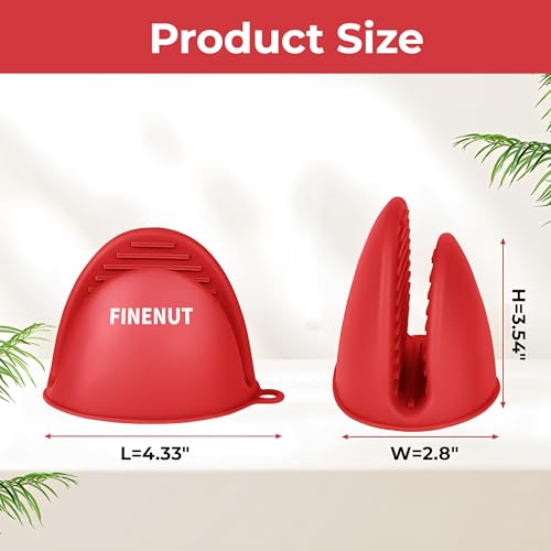 FINENUT Mini Silicone Oven Mitts 4PCS(2 Pairs) Non-Toxic Heatproof Cooking Gloves for Grill/Pizza Stone/Air Fryer,Lightweight Non-Slip Compact for Camping/Baking,Dishwasher Safe(Red and Blue)