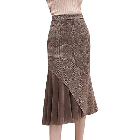 Womens Autumn Winter Plaid Skirt Mesh Stitching Thicken Irregular Midi Long Pencil Skirts Coffee XL Cover