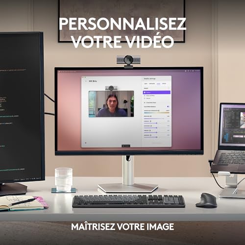 Logitech MX Brio Webcam de Collaboration et Streaming 4K Ultra HD, 1080p à 60 IPS, 2 micros avec réduction de Bruit, Show Mode, USB-C, Cache pour Webcam, Microsoft Teams, Zoom, Google Meet, Pale Grey