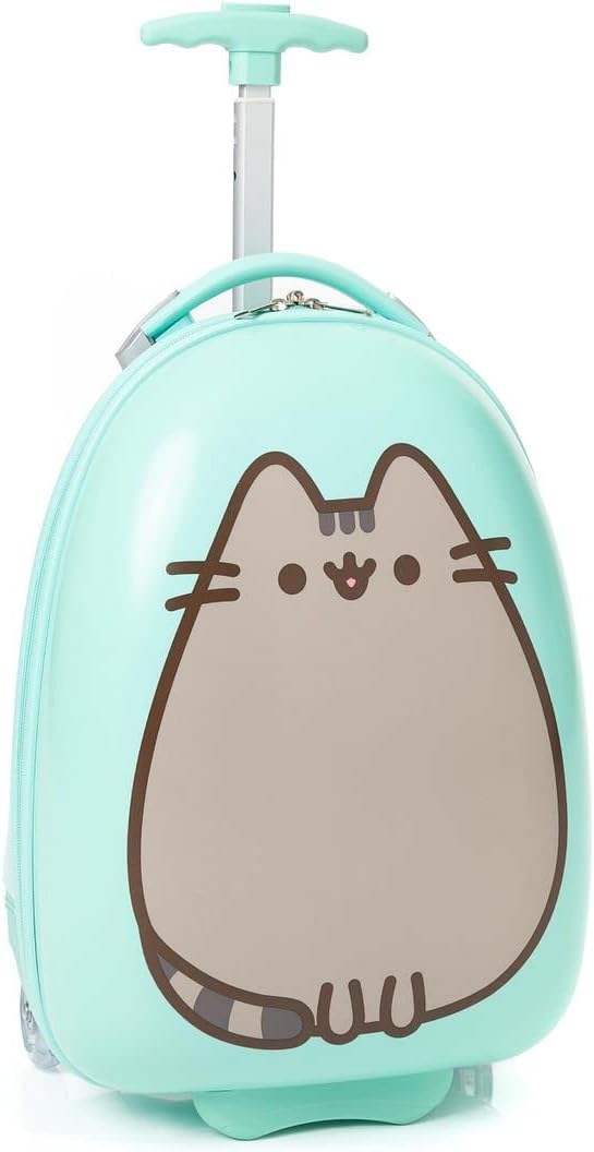 review Pusheen The Cat Suitcase Kids | Girls Teens Mint Green Small Cabin Hard Cover Holiday Carry On Trolley with Extendable Handle | Smile Cartoon Cat Merchandise