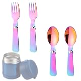 2pcs Folding Spoons & 2pcs Folding Forks for Thermos Funtainer 10oz Food Jar, Stainless Steel Portable Utensil Replacement, Metal Foldable Fork, Home Kitchen Travel Camping Part Accessories(Colored)