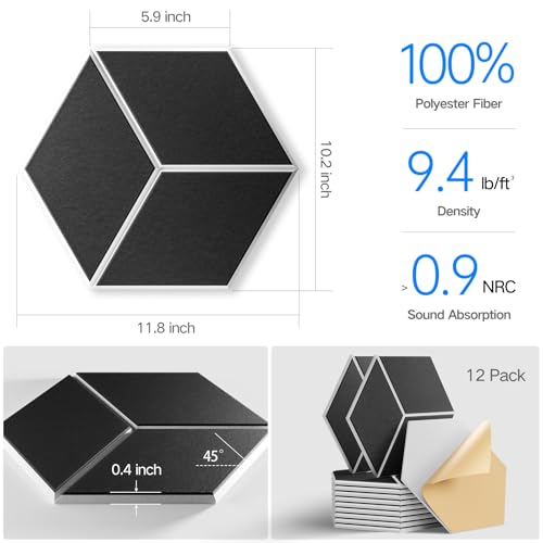 Image of 12-Pack Self-Adhesive Acoustic Panels 12 inch x 10 inch x 0.4 inch High-Density, Flame-Resistant Soundproof Foam. Absorbs Noise and Eliminates Echoes, Hexagonal 3D Design(BlackFace)