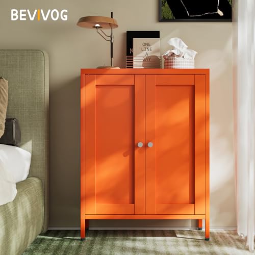 Bevivog Bathroom Floor Storage Cabinet,Metal Storage Sideboard with 2 Doors and 2 Adjustable Shelves,Modern Storage Freestanding Organizer Rust-Proof Locker,Living Room,Hallway,Orange