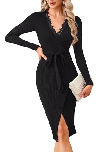Newshows Strickkleid Damen Winterkleid Elegant V Ausschnitt Langarm Bodycon Winter Wickelkleid Midikleid Schwarz,L