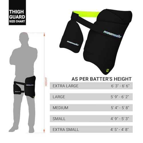 moonwalkr Cricket Thigh Guards 2.0 Lightweight Cricket Guard & Equipment Unisex Thigh Pads for Batter\'s Height (6\'3\"-6\'6\") Safeguarding Both Your Outer and Inner Thighs Black (X-Large, Right Hand).