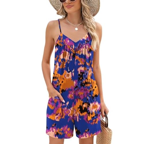 Rapbin Womens Summer Casual Sleeveless Rompers Spaghetti Strap Adjustable Loose Shorts Jumpsuit with Pockets XX-Large 01-blue Orange Floral