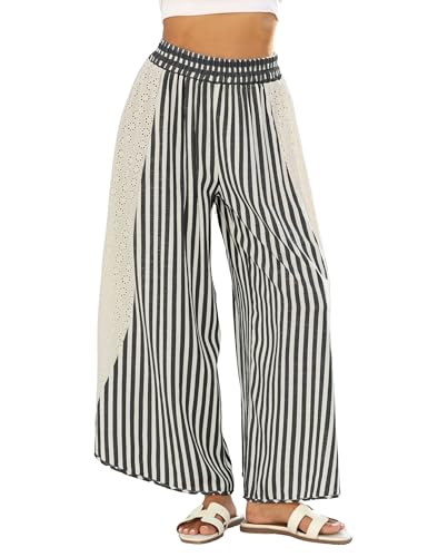 Athlisan Womens Summer Casual Loose Striped Wide Leg Lounge Pants Elastic Waist Palazzo Trousers(Black-L)