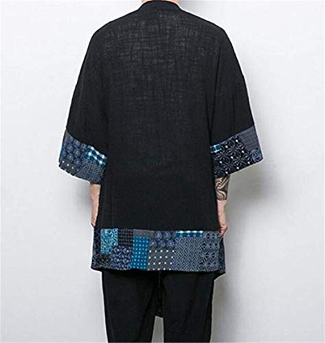 HZCX FASHION Men's Cotton Linen Long Kimono Jackets Open Front Cardigan Cloak(Black,XXL)
