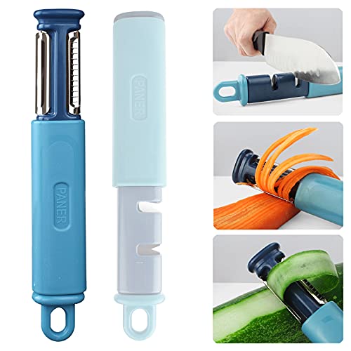 HAIJIN 3 in 1 Vegetable Peeler 2 Stage Knife Sharpener Julienne for Kitchen Stainless Steel Veggie Grater, Zuchinni Squash,Shredded Carrots Cutter (blue), 7.7 x 1.3 0.89in, 4616