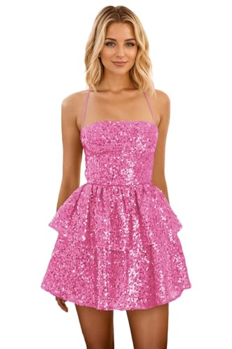 Maxianever Short Sequin Homecoming Dresses for Teens Tiered HOCO Dress 2025 Flowy Sparkly Cocktail Dress