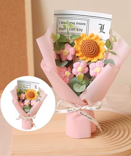 Image of NHCDFA Cotton Crochet Sunflower Bouquet, Crochet Flower Lovely Color Gift for Girls Home Decor for Mother Assortment of Small Sunflower with Light Pink Wrapping Paper