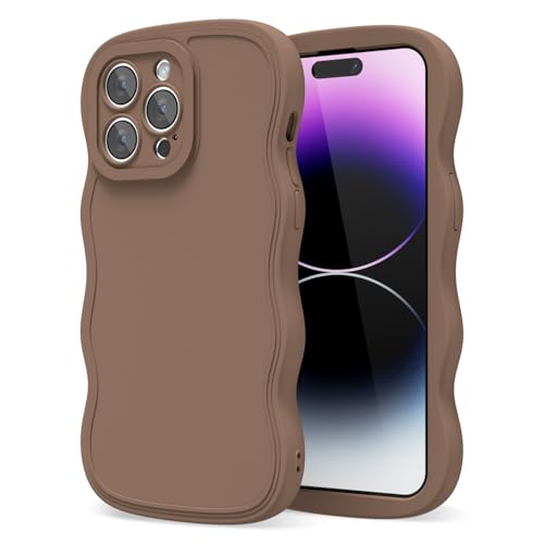 oakxco Girly Silicone Case for iPhone 14 Pro Max, Wavy Curly 14 Pro Max Phone Case for Women Aesthetic, Y2k Cute Wave Frame Ripple Design, Soft Rubber Matte Plain TPU Bumper Case, Brown Fall