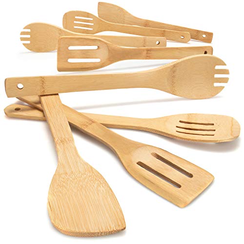 COM-FOUR® Ensemble de 8 cuillères - cuillères de cuisine en bois, spatules, cuillères à fente et cuillères à salade en bambou - gadgets de cuisine pour cuisiner et frire (8 pièces - bambou - marron)