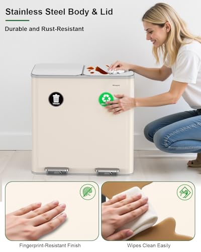 Lovewind 2×11.5 Gallon Dual Trash Can, Stainless Steel Dual Garbage and Recycling Can with Foot Pedal, 90° Stay-Open Lid, Large Dual Compartment Trash Recycling Bins Kitchen, Apricot - image 4