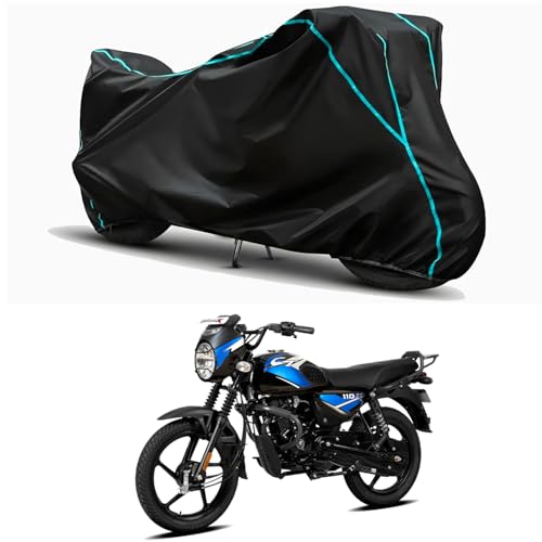 Image of Waterproof Bike Body Cover Compatible for | Bajaj CT 110X Electric Start | Taffeta Fabric, Sky Piping Design, Bottom Elastic Fit | Dustproof, Sun UV & Rain Protection for All Weather.