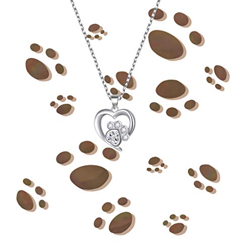 Bekech Pet Lover Gifts Paw Print Necklace Cubic Zirconia Puppy Dog Cat Pet Paw Print Love Heart Pendant Necklace For Women Girls (Silver) #TOP3
