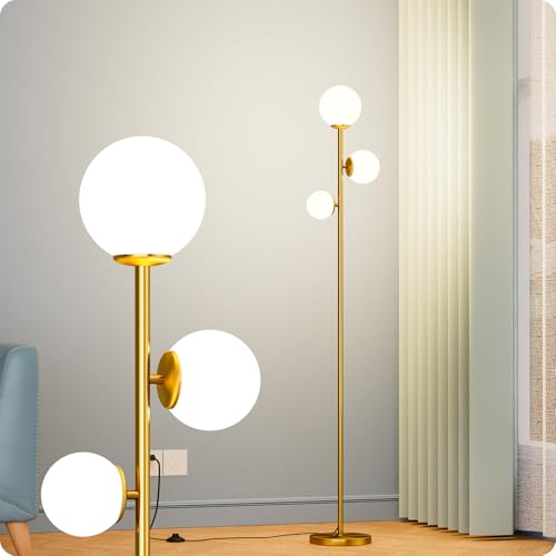 Nukanu Floor lamp with 3 Frosted Glass Shades,Stangding Lamp Floor Lamps for Living Room Bedroom Office with 3 led Bulbs,Tall lamp with Foot Switch(Gold)
