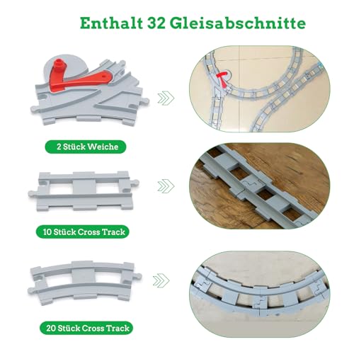 Bausteine Zug Schienen Set, Spielzeug Eisenbahnschienen,bestehend aus Cross Track Gerade, Kurven Schienen, kompatibel mit dem Marktführer ab 2 Jahren (32PCS)