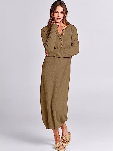 Image of ANRABESS Women Long Sleeve Button V Neck Oversized Casual Loose Fit Waffle Knit Fall Midi Sweater Dress 2026 Trendy Outfits