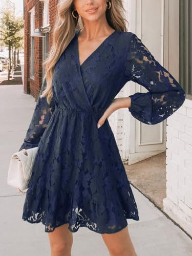 Image of CUPSHE Women Elegant V Neck Lace Peasant Sleeve Mini Summer Dress Elastic High Waist A Line Casual Wedding Guest Dress