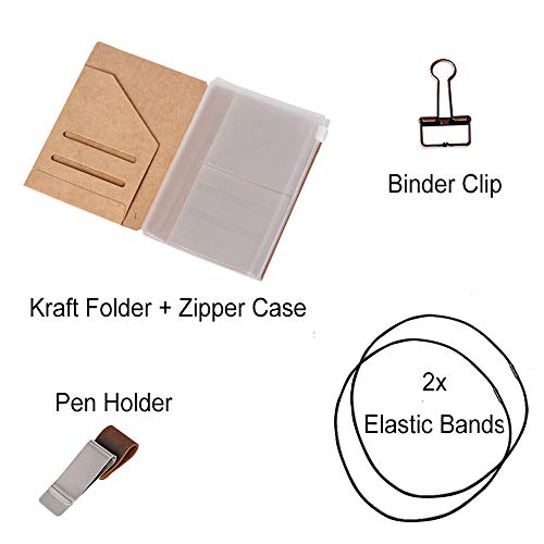 passport size travelers notebook accessories kit - kraft file folder zipper case pen holder binder clip and 2 elastic bands