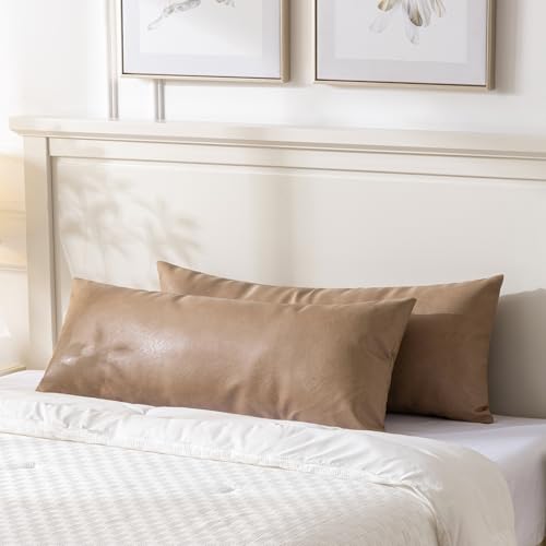 Image of Fancy Homi Tan Long Lumbar Faux Leather Body Decorative Throw Pillow Cover 14x36 Inch for Bedroom Couch Bed Bench, Thick Beige Solid Rectangular Waterproof Cushion Case, Boho Farmhouse Room Decor