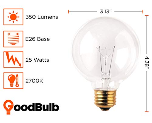 Goodbulb 25-Watt G25 Incandescent Globe Light Bulbs | Clear Finish Medium E26 Base 2700K Warm White Light Color | Dimmable 350 Lumens | Pack Of 10 Bulbs #TOP1