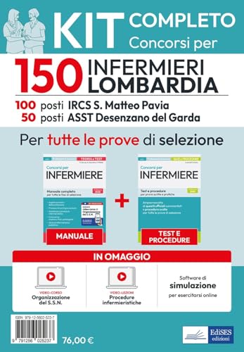Kit completo concorsi per 150 infermieri Lombardia. Per tutte le prove di selezione. Con software di simulazione, video-lezioni procedure infermieristiche