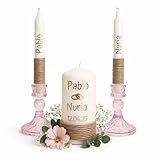 Ritual de la Luz para Boda Personalizado – Velón Central y 2 Velas de Candelabro con Nombres – Incluye 2 Candelabros de Cristal – Ceremonia de Unión Matrimonial