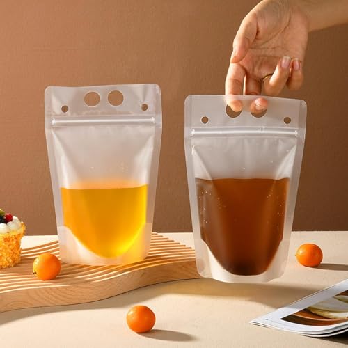50 Stück durchsichtige Getränkebeutel, wiederverschließbarer, mit Reißverschluss versehener, wiederverwendbarer Getränkebehälter zum Einfrieren von Säften, kalten/heißen Getränken, Partyzubehör 500 ml