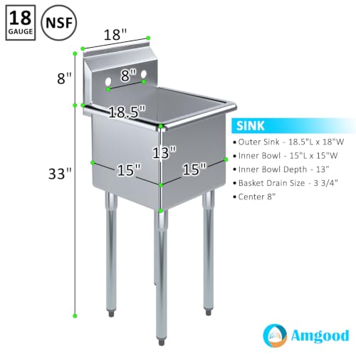 Image of AmGood Stainless Steel Prep & Utility Sink | 304 Stainless Steel | NSF | Restaurant, Kitchen, Laundry, Garage (Bowl Size: 15 inch x 15 inch No Faucet)
