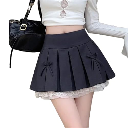 Womenn High Waist College Pleated Lace Preppy Bow A-Line Pleated Skirt