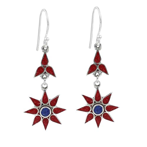 Boucles d'oreilles tibétaines en argent 925 avec turquoise corail et lapis lazuli