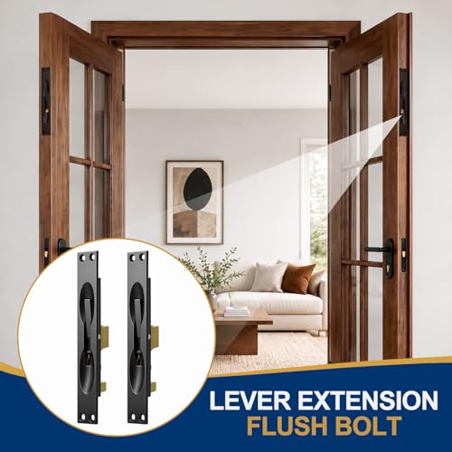 Image of Blulu 2 Pcs Solid Brass Extension Flush Bolt with Rod 12 Inch, 1 inch W x 6-3 /4 inch H Flush Bolt for Fire Swinging Hollow Metal Doors & Double Doors, Black