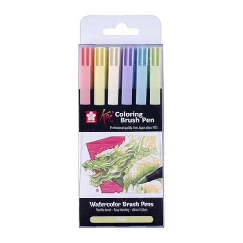 SAKURA Set de stylos pinceaux Ă colorier Koi - 6 couleurs pastel - Pointes flexibles - Encre Ă base d'eau - Parfait pour le croquis et le journal intime