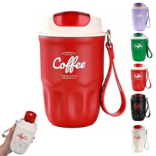 Coffee Vacuum Flask, Portable Coffee Cup with Lid and Handle, Stainless Steel Insulated Water Bottle for Home, Office and Outdoor Use, Travel Coffee Mug (Red)