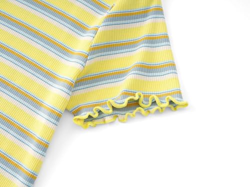 Image of Girls Striped T-Shirt Lettuce Trim Short Sleeve Top Size 6-16 | Soft stretch ribbed knit fabric, breathable blouse,summer outfit for big girls & teen, for school, party and daily activity