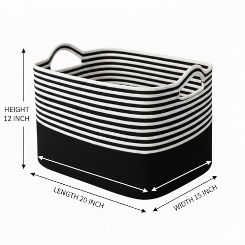 Image of Large Storage Basket, Woven Blanket Basket, Toy Basket with Handle, Laundry Hamper for Living Room, Nursery, Bedroom- 20x15x12 (LXWXH) (black mix)