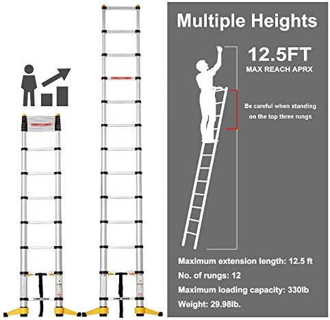 Lionladder 12.5FT EN131-6 Telescoping Ladder, One-Button Retraction, Pro Aluminum Ladder, 330 Lbs Capacity