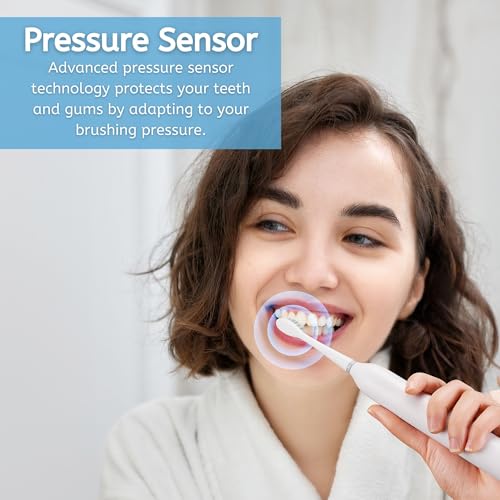 BarberBoss Cepillo Eléctrico, Cepillo de dientes sónico, 5 modos cepillado, 6 cabezales, sensor de presión, temporizador inteligente y estuche de viaje, Blanco - imagen 2