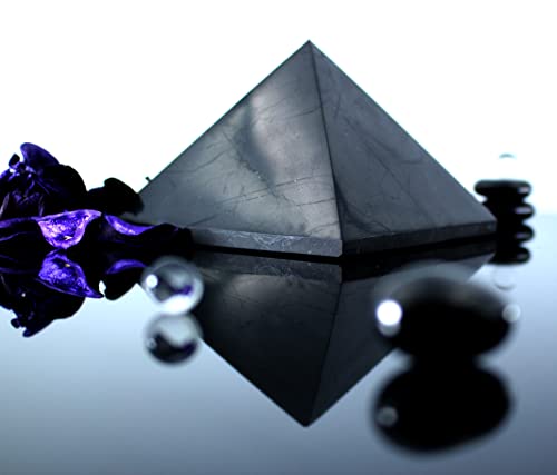 Heka Naturals Polished Shungite Pyramid Black Stone Crystal | 4 Inch - Desk Decor Shungite Stone For Home Or Office - Chakra Stones, Healing Crystals, Meditation Pyramid #TOP2