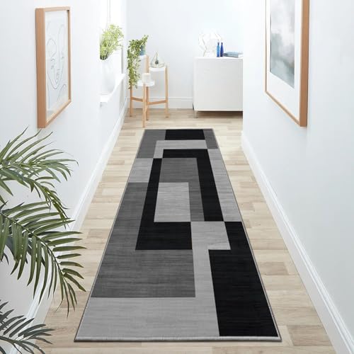 Hafaa Runner Rugs for Hallway Non-Slip Geometric Pattern Carpet for living room 60 x 220 cm Runner – Printed Black and Grey Carpets Runner for Lounge Office Bedroom (Milo Black and Grey)