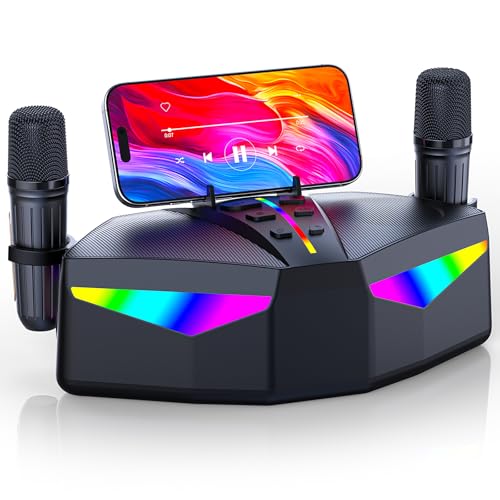 RayangSound Karaoke Machine, Real 35W Portable Speaker,8H Long Time, 2 Rechargeable Wireless Microphones,LED,Karaoke Machine for Adults & Kids,BT/FM/USB/TF/AUX,for Home Party/Outdoors(CHJ161-Black)