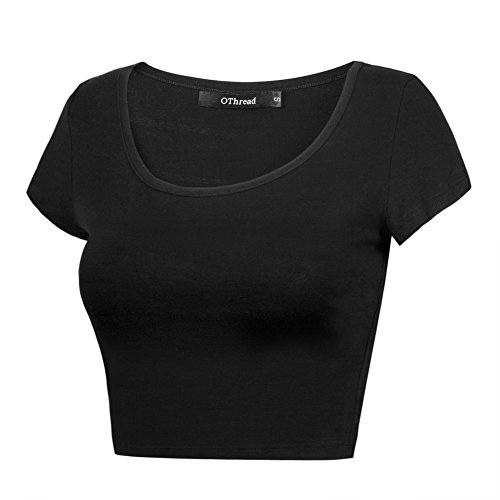 Othread & Co. Women's Basic Crop Tops Stretchy Casual Scoop Neck Cap Sleeve Shirt (Large, Black) #TOP1