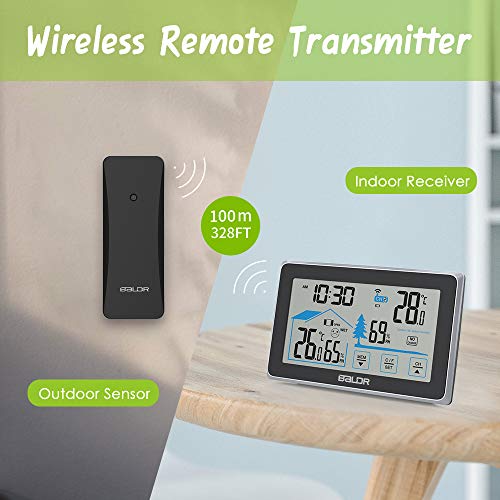 BALDR Wireless Indoor/Outdoor Thermometer & Hygrometer - Touch Screen Digital Weather Station with Room Temperature Monitor & Humidity Gauge Meter, Extended Backlit Display for Easy Viewing